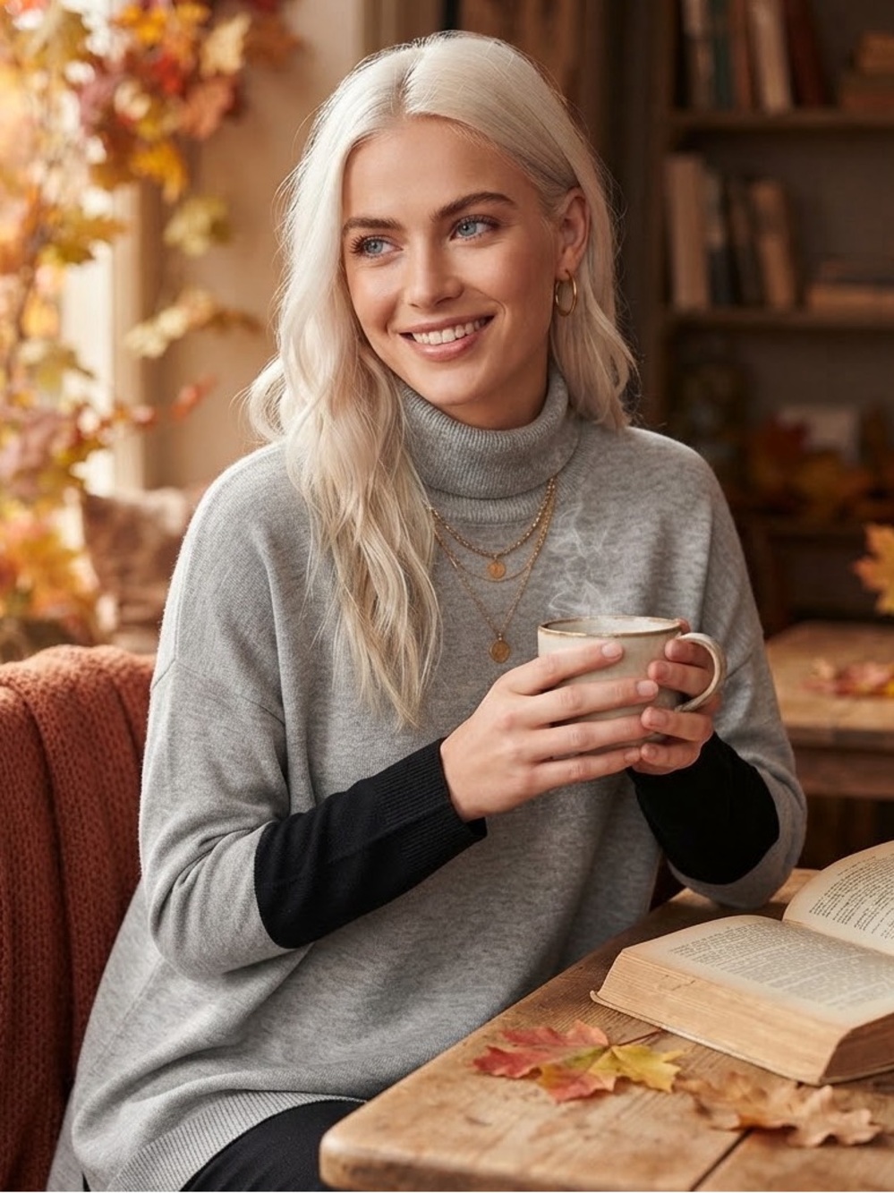89th & Madison Cozy Grey Turtleneck Sweater Black Stripe Relaxed Fit Size